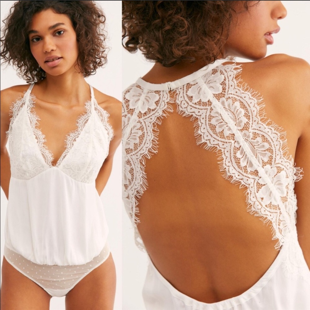 Free People Melrose Lace Inlay Satin Bodysuit